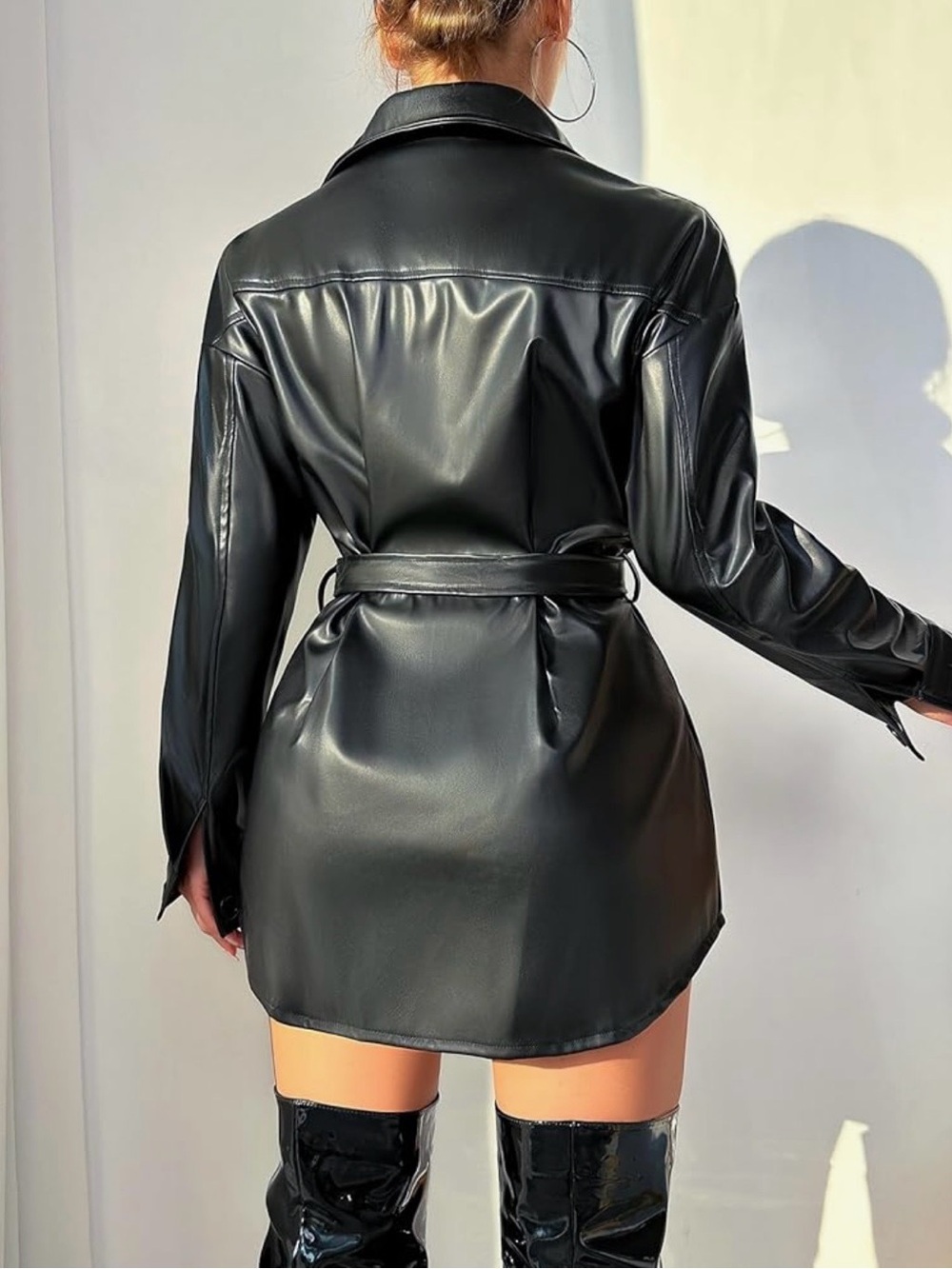 Women’s Black Faux Leather Belted Jacket Coat
